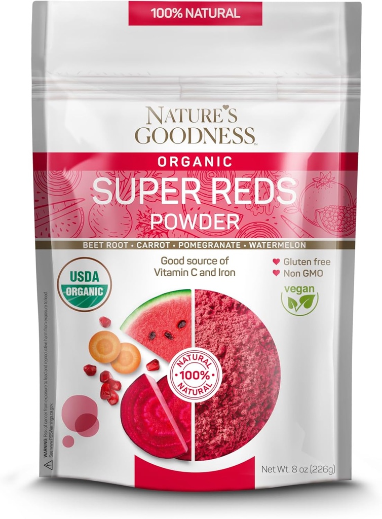 Nature's Goodness Super Reds Powder with Beet Root, Carrot, Pomegranate, and Watermelon - Antioxidant Rich Superfood for Energy, Heart Health, and Detox – 16 Servings (8 oz)