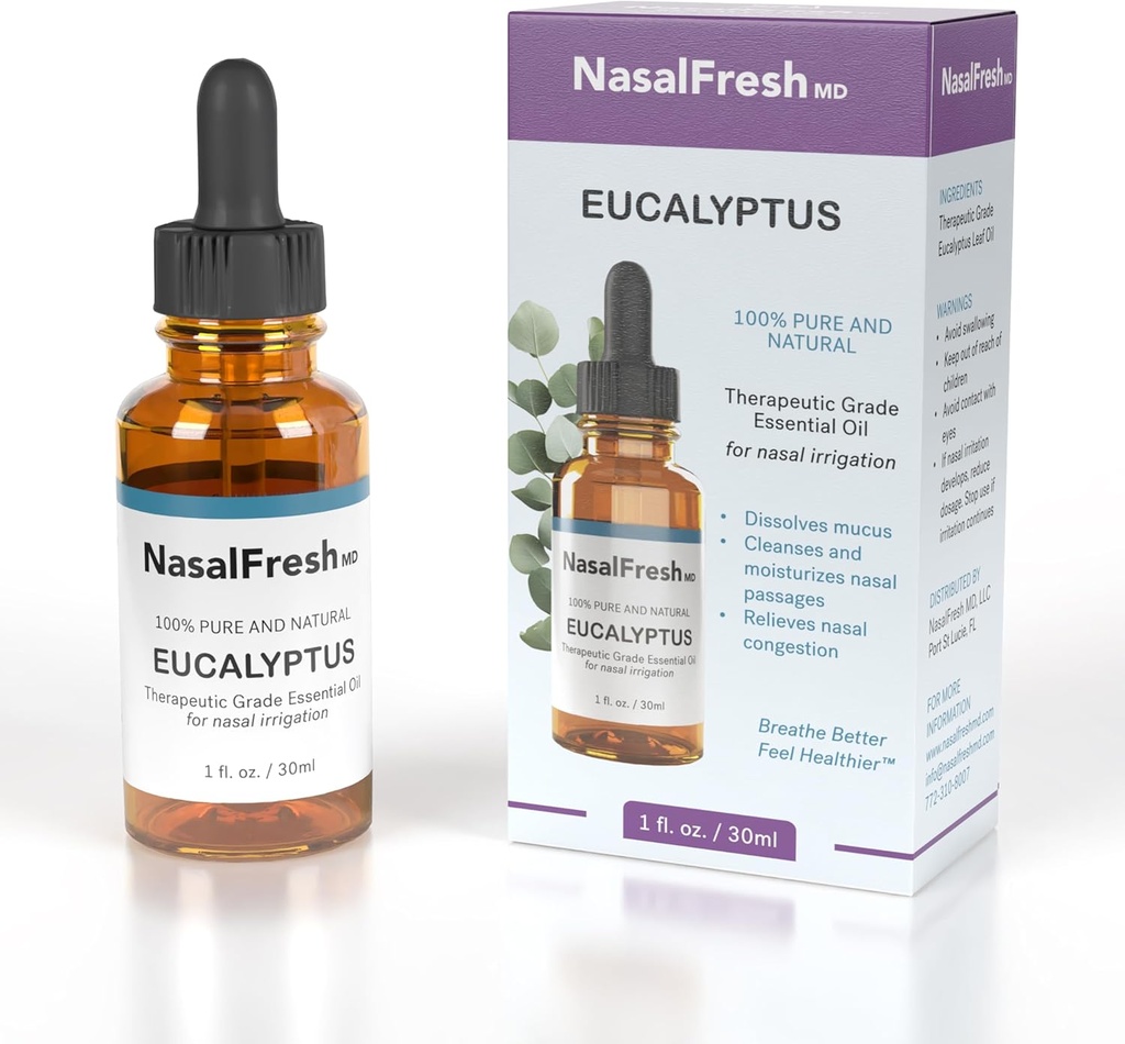 NASALFRESH MD - Huile essentielle d'Eucalyptus - Irrigation nasale - Relief de congestion - Additif de lavage nasal - Huile essentielle de haute qualité - Nettoie et hydrate les passages nasaux - 1oz