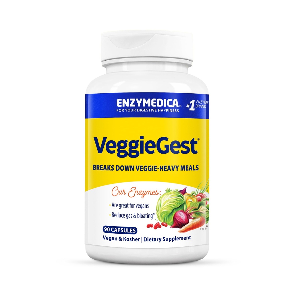 Enzymedica, VeggieGest, Digestieve Enzymen, Ondersteunt Occasional Gas & Bloating Relief van High Fiber Meals, voor Vegan & Vegetarian Diets, Enzyme Blend voor Digestieve Gezondheid, 90 Tel.