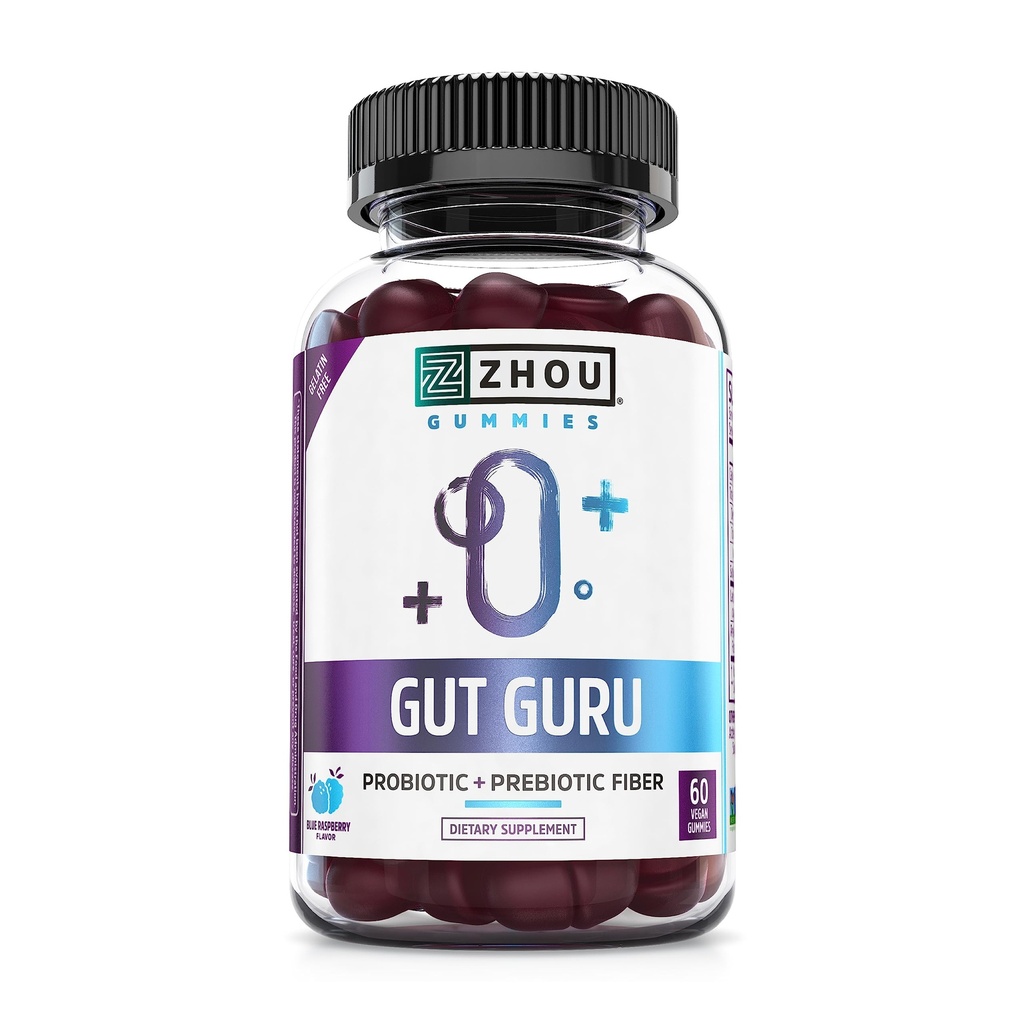 Zhou Gut Guru - Gut Health Gummies voor mannen en vrouwen, Prebiotic en Probiotic Fiber Supplement voor spijsvertering en Gut Health - 60 Vegan Gummies