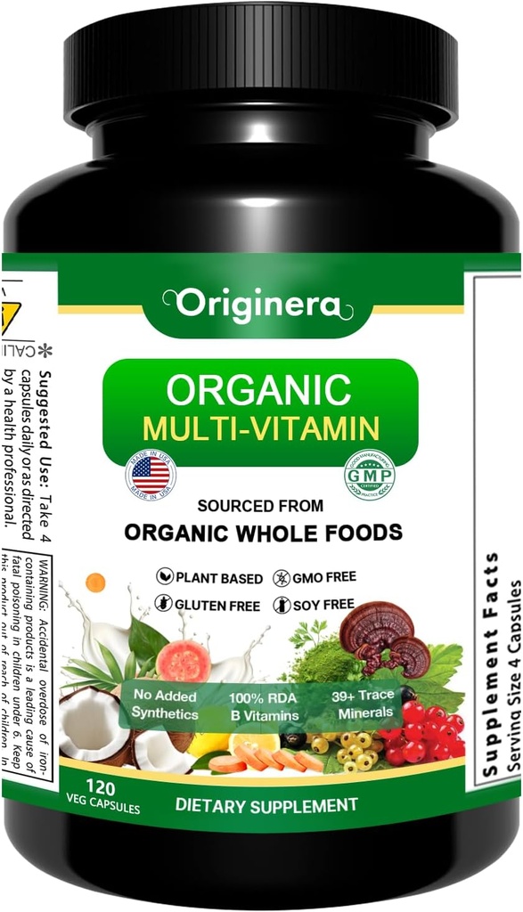 Organic Whole Foods Supplement, Multi-Vitamin: Immune, Brain & Heart Support, met Prebiotics en Postbiotics. Glutenvrij en sojavrij - 120 plantaardige capsules