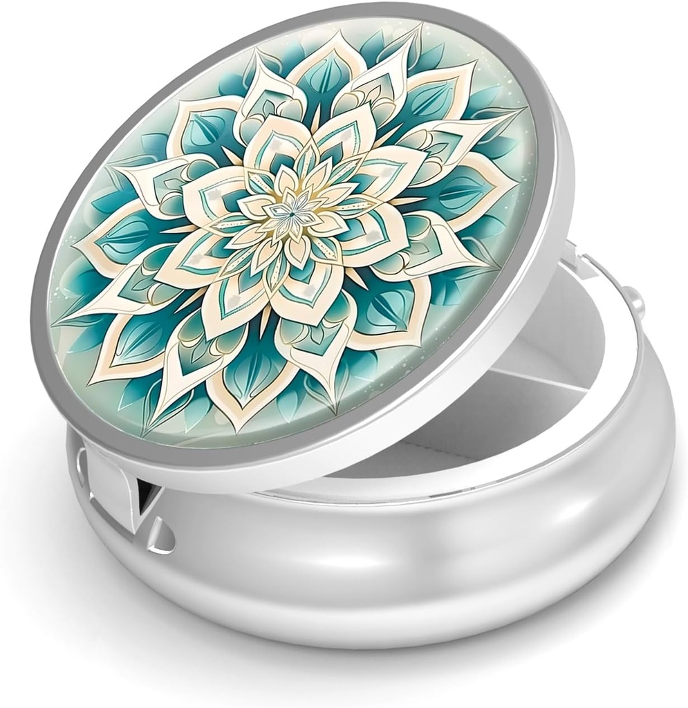 Pill Box-3 Compartiment kleine pil geval voor Purse & Pocket Mini metalen pil houder Travel Pill Container om supplementen vitamines BPA-vrij te houden (Green Mandala)