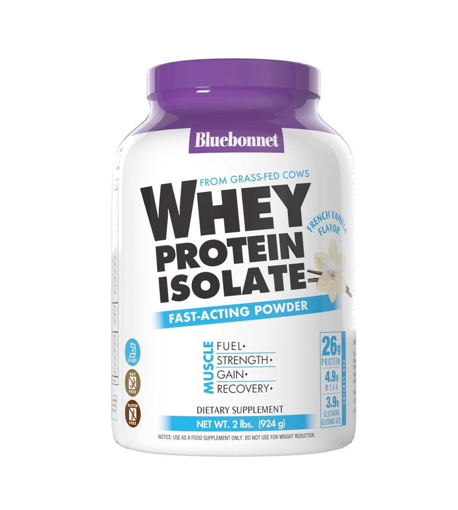 BlueBonnet Nutrition Wei Protein Isolaat Poeder van gras Fed Cows, 26 g eiwit, geen suiker toegevoegd, glutenvrij en sojavrij, koosjer zuivel, 2 liter, 28 porties, Franse Vanille smaak
