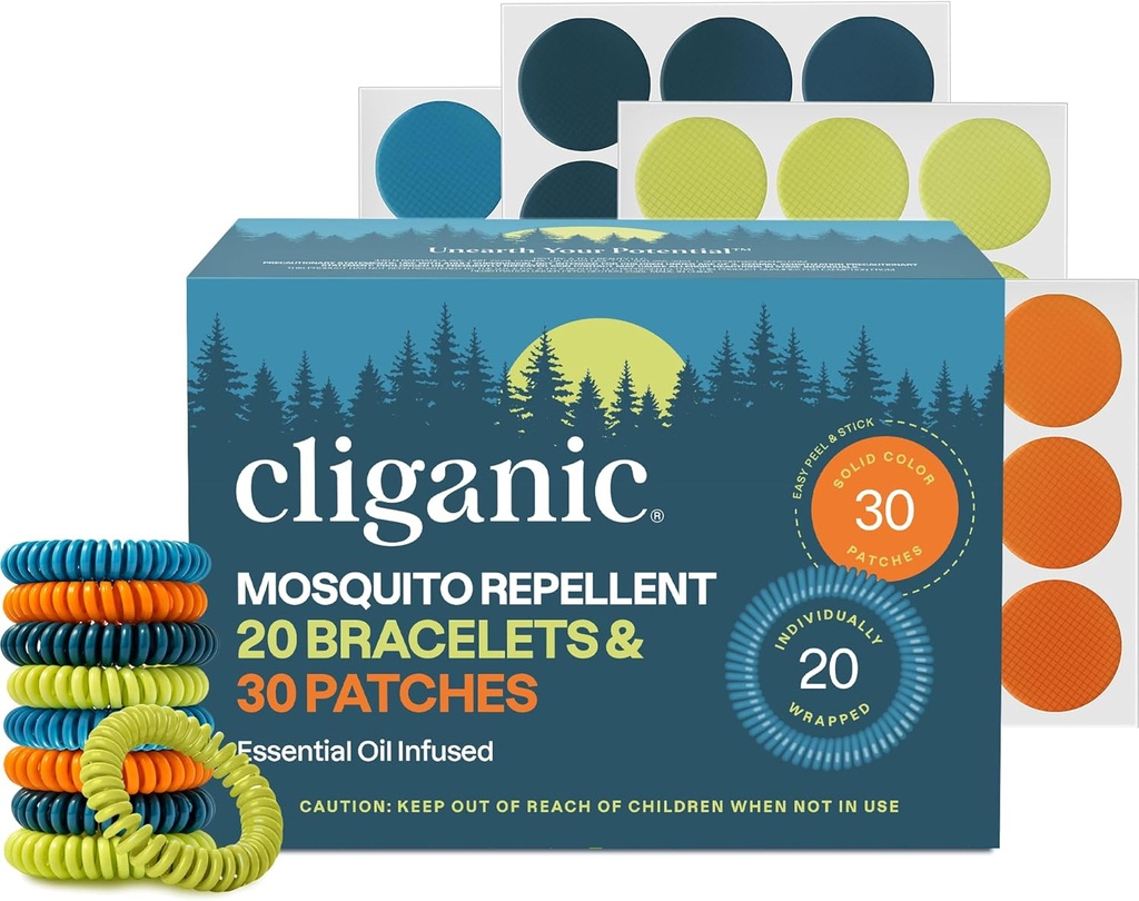 Stickers Bracelet Cliganic Mosquito Répulsif Pack pour Enfants & Adultes Multi Couleur, Sans DEET naturel, Huile Essentielle Infusion 20 bandes avec 30 Patches, Citronella Scent (50)
