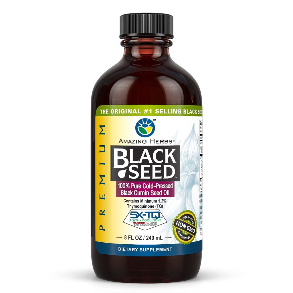 Amazing Herbs Premium Huile de Graine Noire - Sans gluten, sans OGM, Nigella pressée à froid Sativa aide à la santé digestive, le soutien immunitaire, la fonction cérébrale - 8 Fl Oz