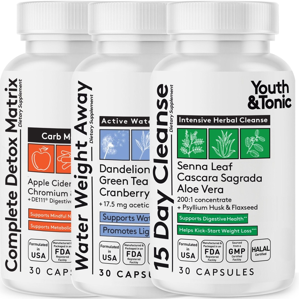 3pk Detox Cleanse Kick Off Gestion du poids , Colon Cleanser + pilules de perte d'eau w Dandelion + ACV Detox corps complet + probiotiques , pour l'estomac plat, la taille, le métabolisme, le ballonnement – 90 pilules