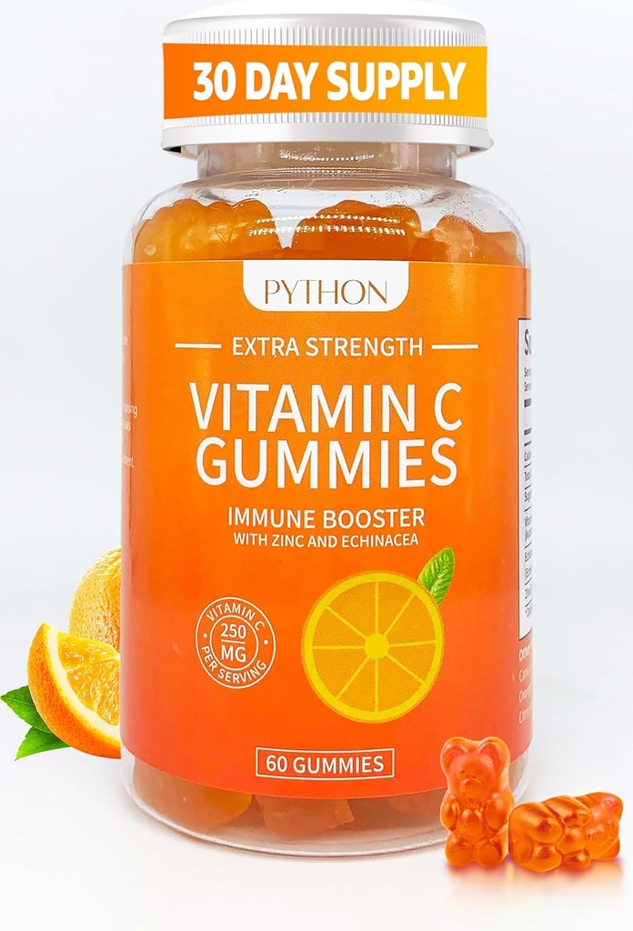 Python Vitamine C + Echinacea Supplement voor Immuniteit en Long Gezondheid, Ondersteunt Collageen Productie, Huid Hydratatie, Immuniteit en Gezondheid, 60 Vegan Gummy Kauwgom voor Volwassenen & Kids - 1 Maand Levering