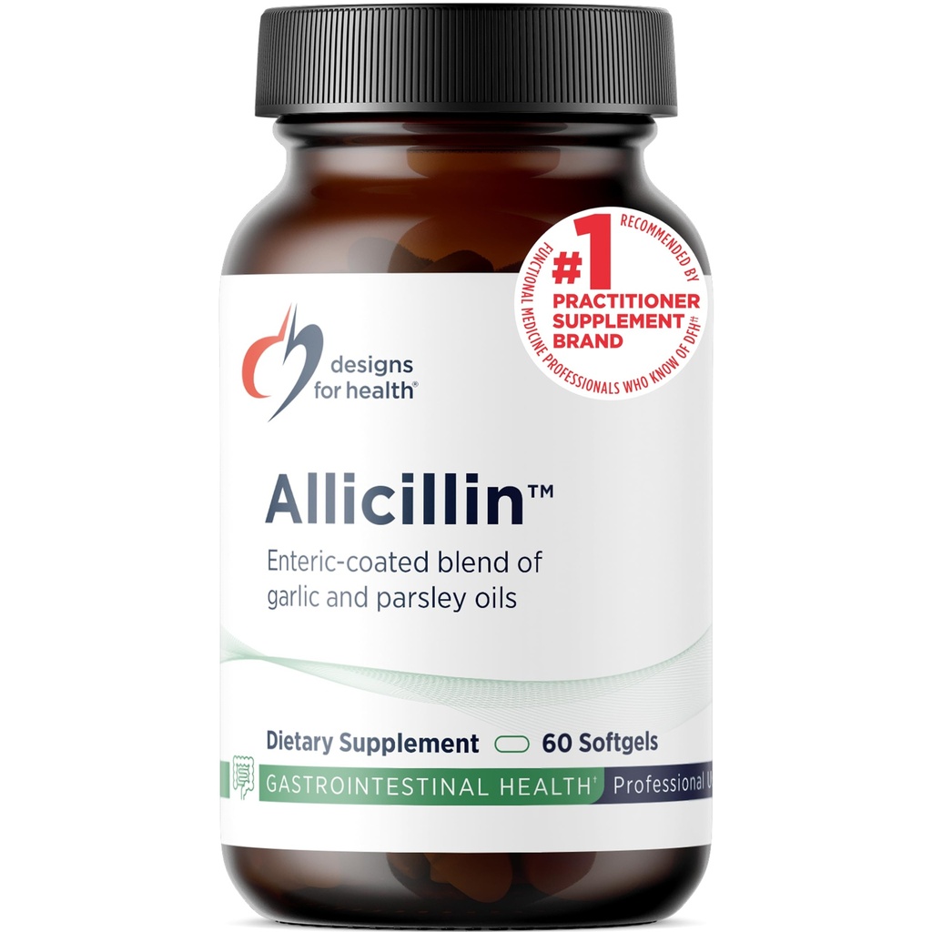 Designs for Health Allicilline - Supplément d'allicine avec 200mg huile d'ail + huile de persil - pilules d'ail avec des sulfures puissants - enduit entérique pour aider à réduire l'odeur, non-OGM (60 Softgels)