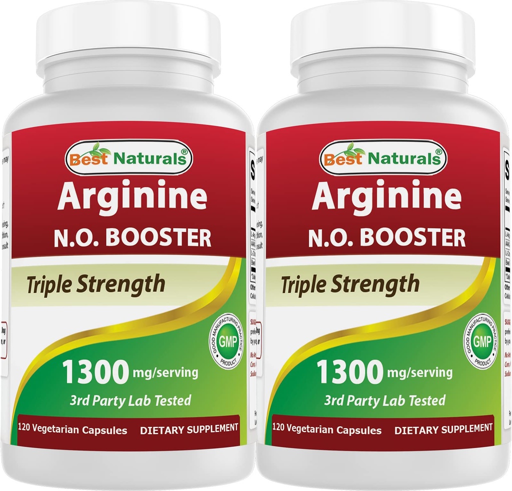 Best Naturals L-Arginine NO Booster Triple Strength 1300 mg Servant 120 Capsules de Veg (120 Nombre (paquet de 2))