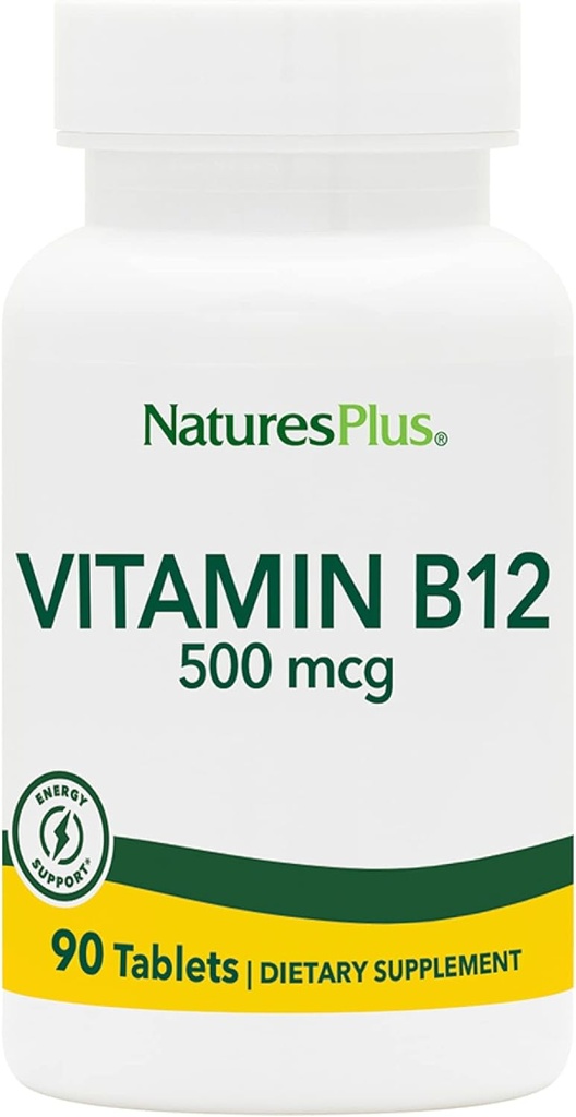 Natures Plus Vitamine B12 (Methylcobalamine) - 500 mcg, 90 Vegetarische tabletten -High Potency Red Blood Cell Support - Natural Energy Booster, bevordert de algehele gezondheid - Glutenvrije - 90 porties