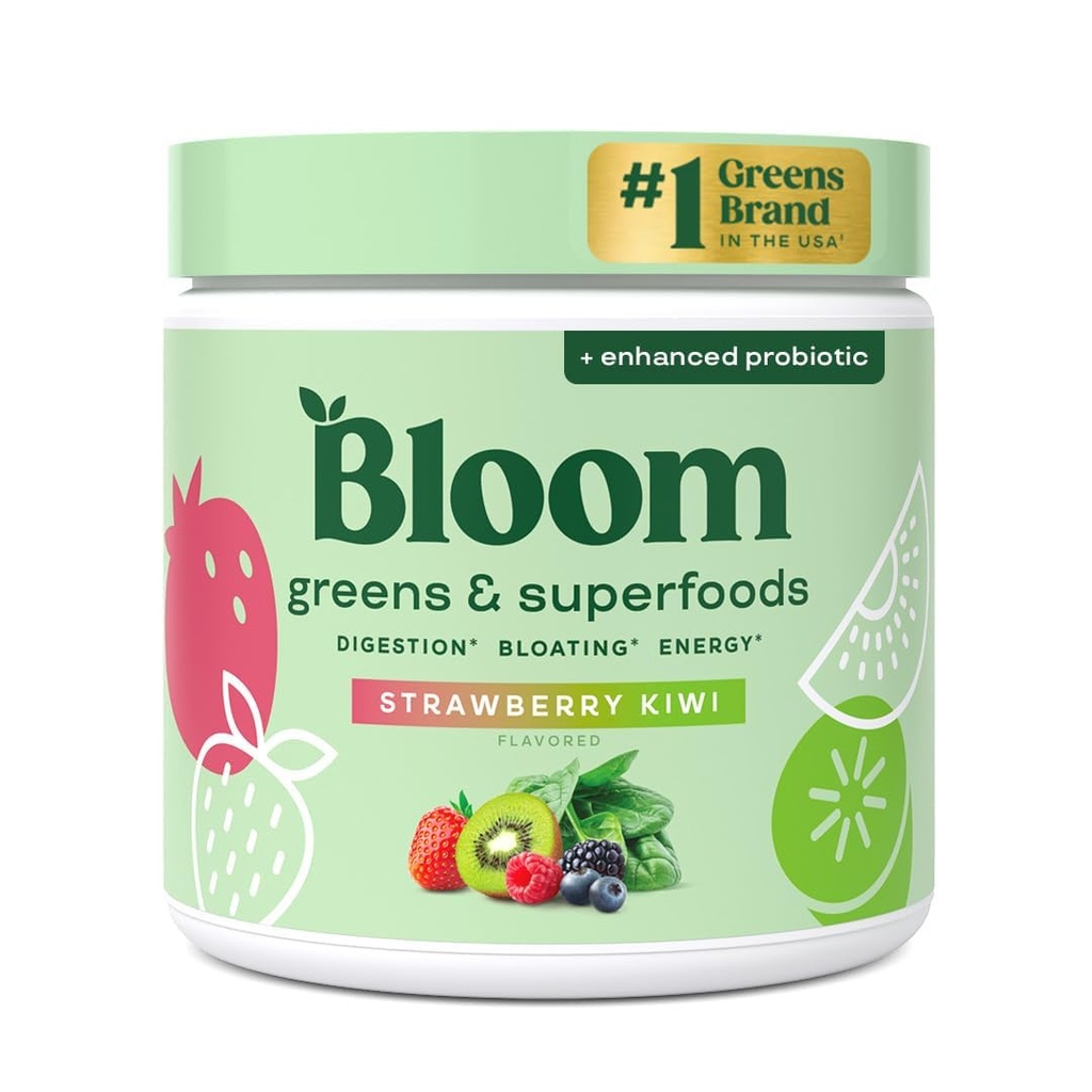 Bloom Nutrition Greens and Superfoods Powder for Digestief Health, Greens Powder, Digestief Enzymes, Probiotica, Spirulina, Chlorella for Bloating & Gut Support, Green Juice, 30 SVG, Aardbei Kiwi