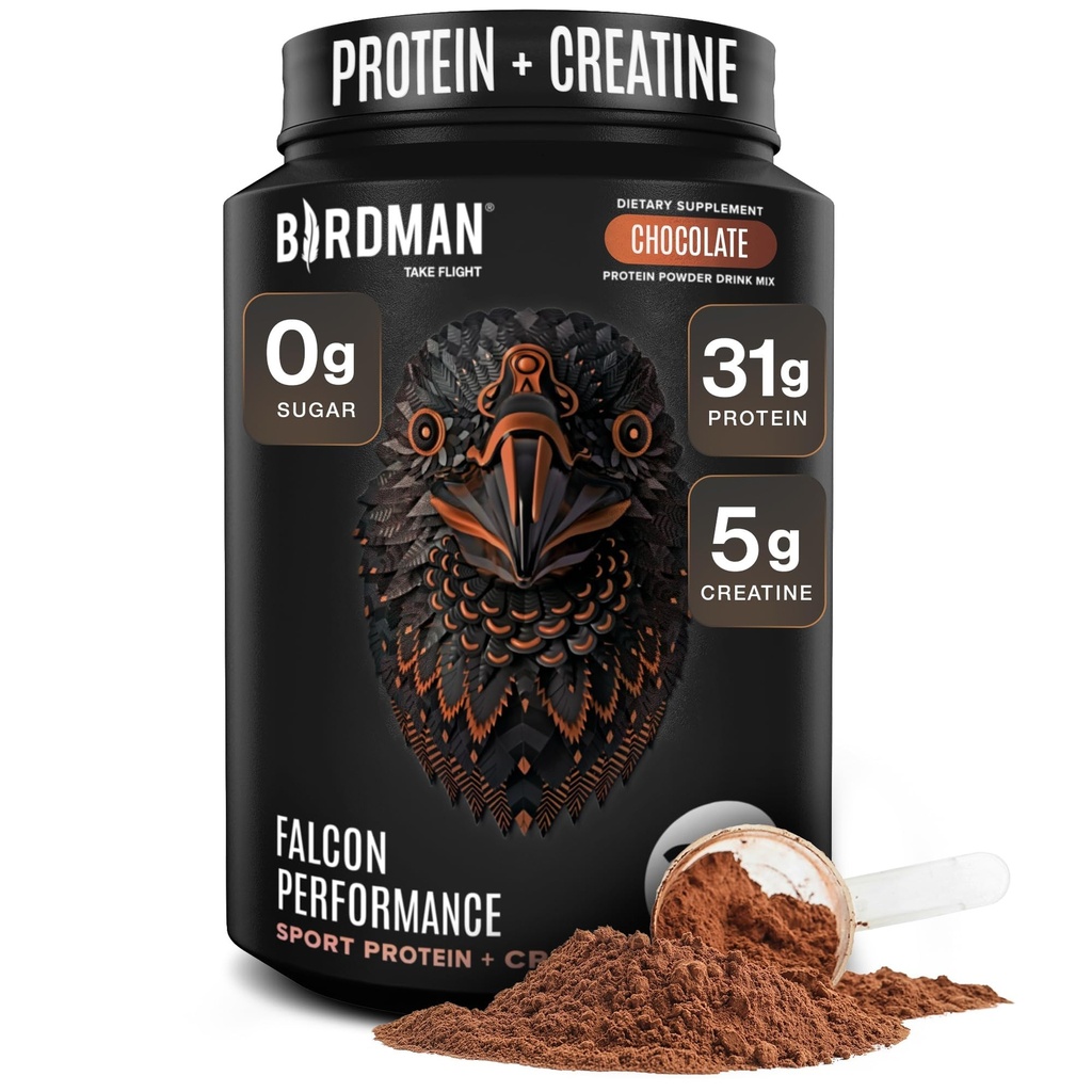 Birdman Falcon Performance Vegan Protein Powder, 31g Protein, 5g Creatine, 5g BCAA, Probiotica, Elektrolyten, Pre-workout, Low Carb, Suikervrij & Dairy Free, Plant Based Chocolate Protein -19 porties