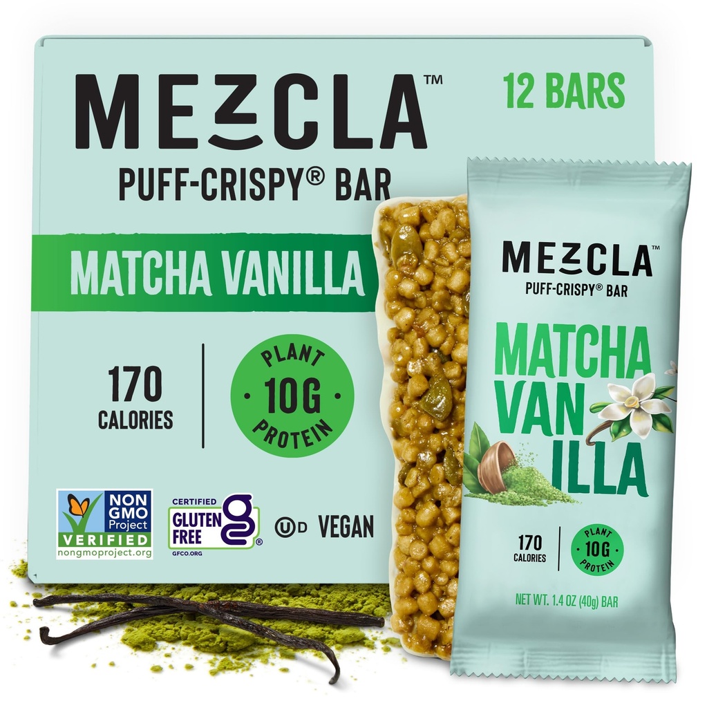 Mezcla Puff Crispy Protein Bars, Glutenvrije & Vegan Protein Bars, 10g Proteïne, Alt voor knapperige rijst Treat, Granola Bars & Breakfast Bars, Gezonde snacks voor volwassenen, Matcha Vanilla, 12 Pack