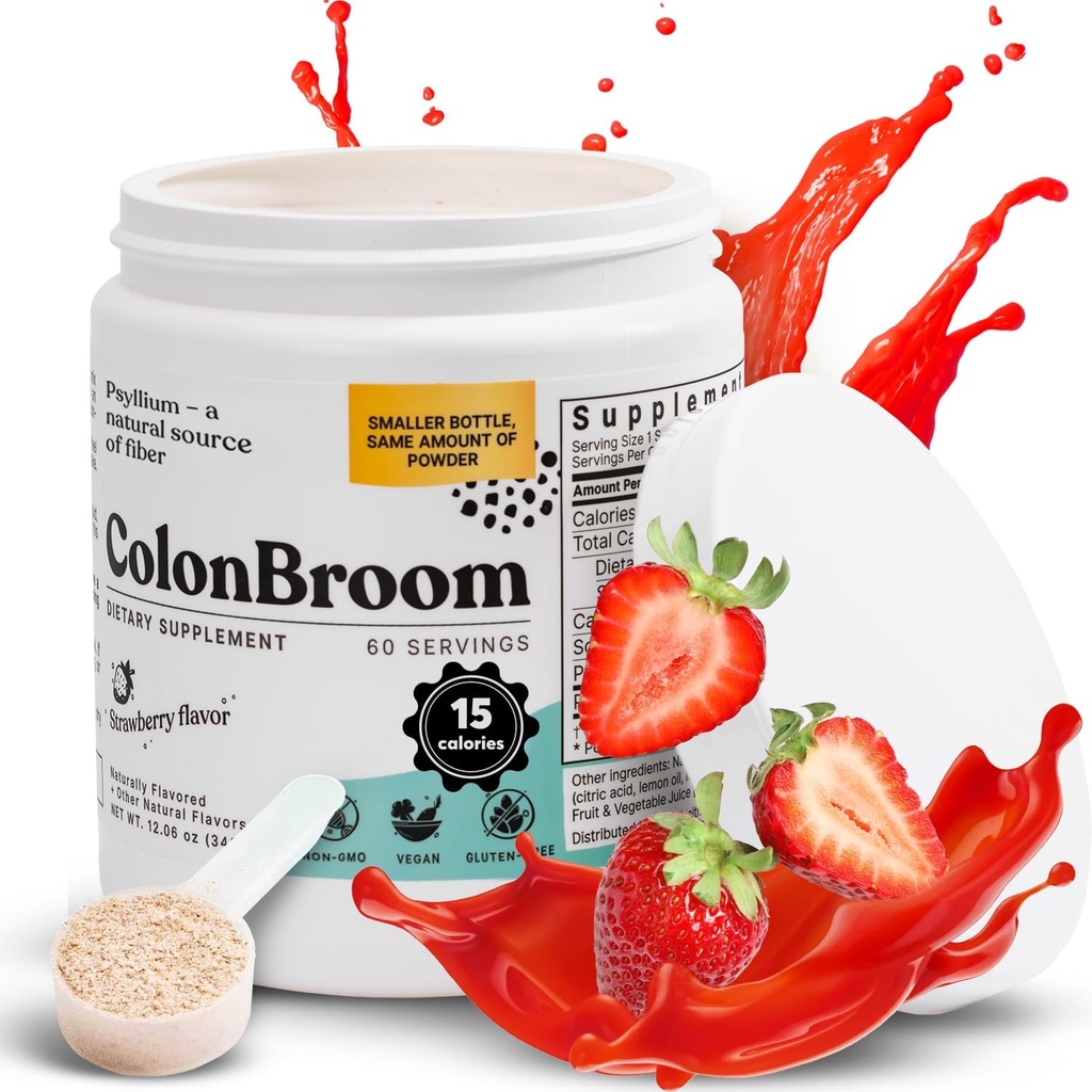 ColonBroom Psyllium Husk Powder (Strawberry) - Colon Cleanse for Bloating Relief & Gut Health - Colon Broom Fiber Powder Drink - Veganistisch, Glutenvrij, Non-GMO Fiber Powder Supplement, 60 porties