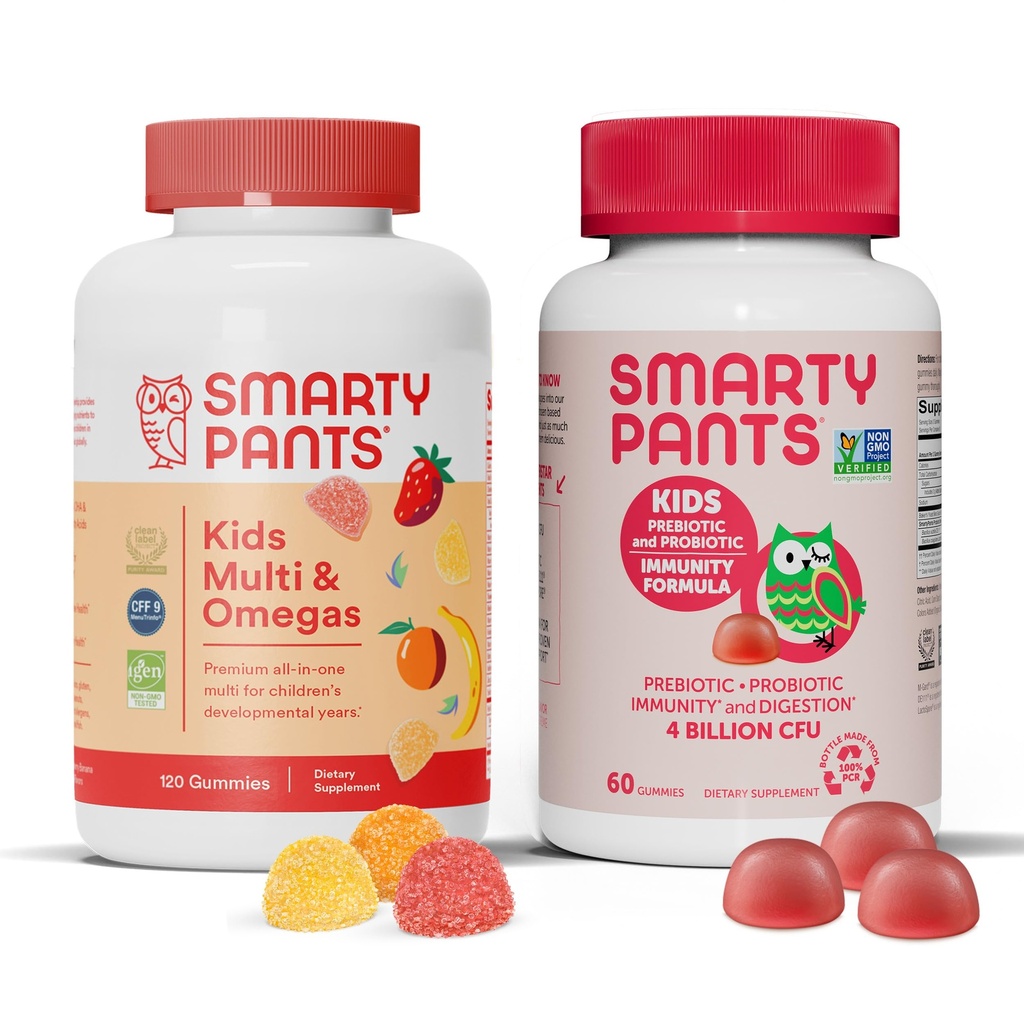 SmartyBants Kids Multivitamine Gummies en Probiotic Immunity Bundle: Omega 3 Visolie (EPA/DHA), Vitamine D3, C, Vitamine B12, B6, Digestief & Immune Support Supplement (30 dagen levering)