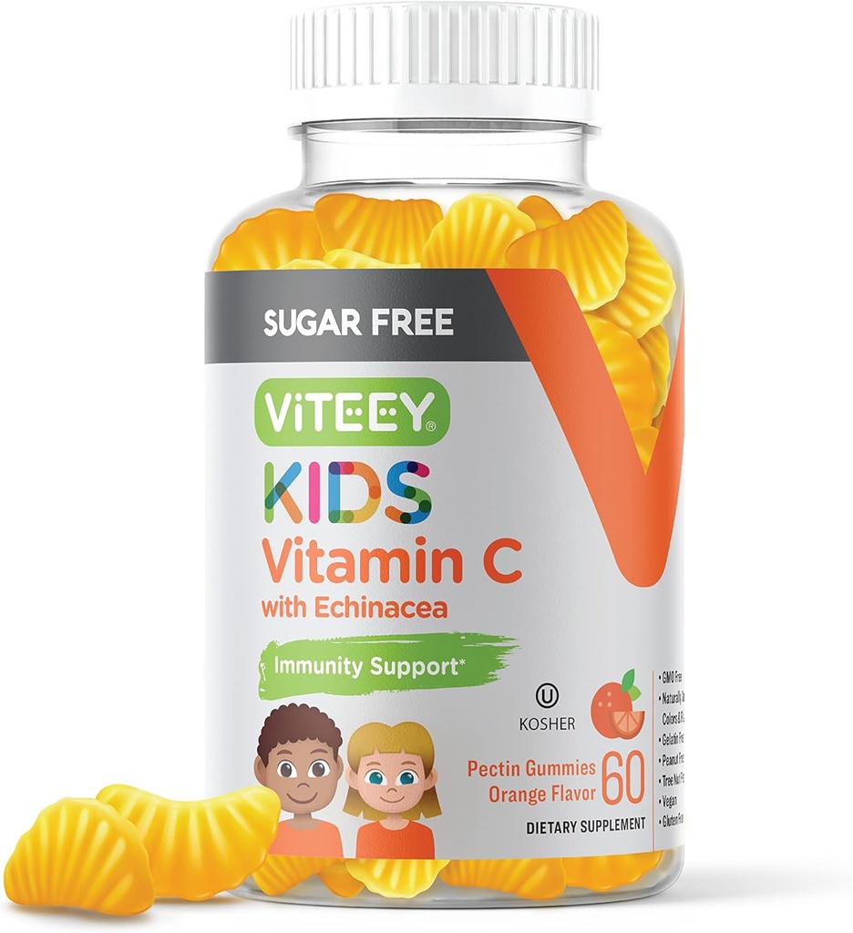 Viteey enfants vitamine C Gummies 75mg, avec l'échinacée - sans sucre - Immune support pour les tout-petits, et les adolescents - végétalien, sans gélatine, sans gluten, sans OGM - Goummy d'Immunity