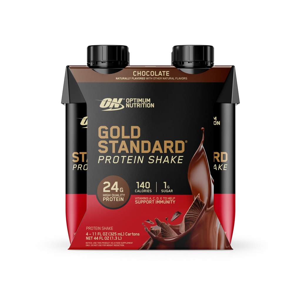 Optimum Nutrition Gold Standard Protein Shake, 24g Protein, Ready to Drink Protein Shake, Gluten Free, Vitamin C for Immune Support, Chocolate, 11 Fl Oz, Pack of 4 (Packaging May Vary)