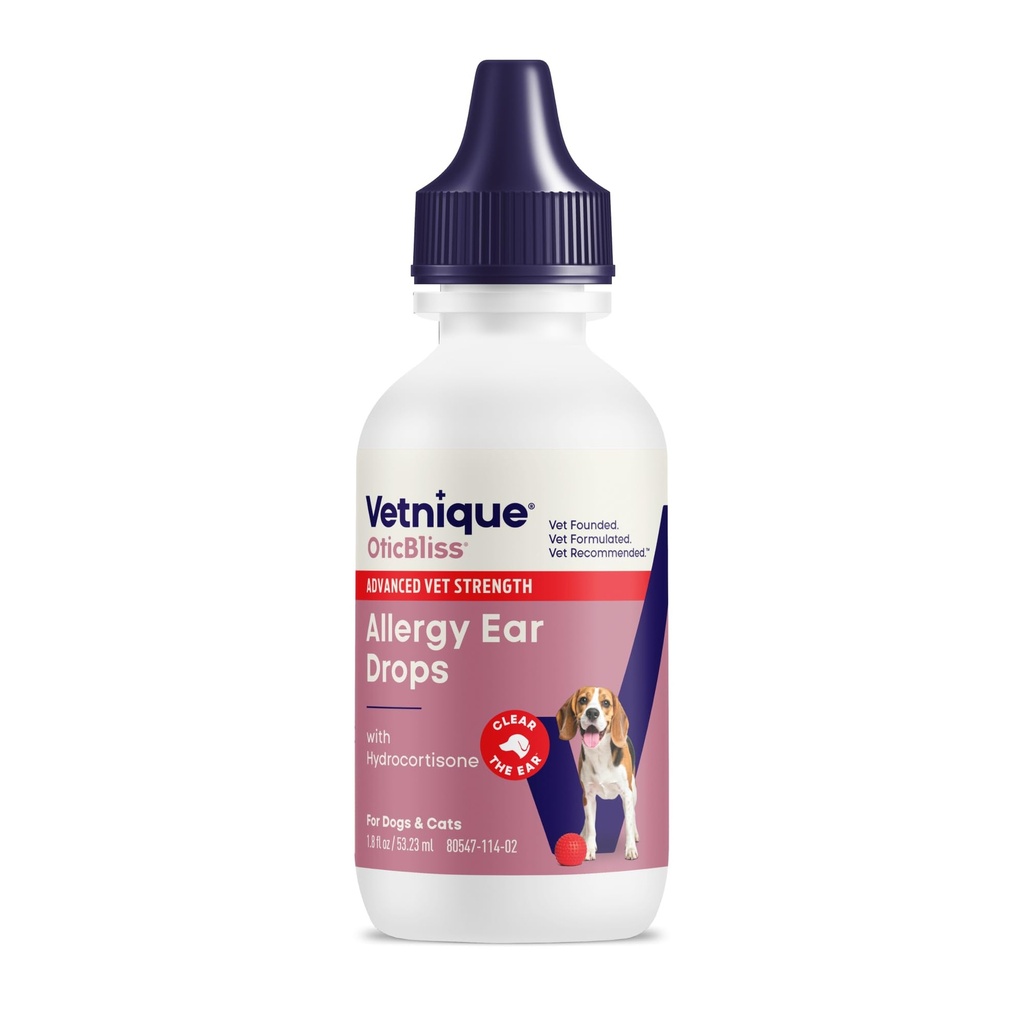 Vetnique Oticbliss Diminution de l'oreille des chats et des chiens - Traitement d'infection à l'oreille des chiens avec 1 % d'hydrocortisone pour apaiser les démangeaisons, les rougeurs et l'enflure - Vet Recommandé