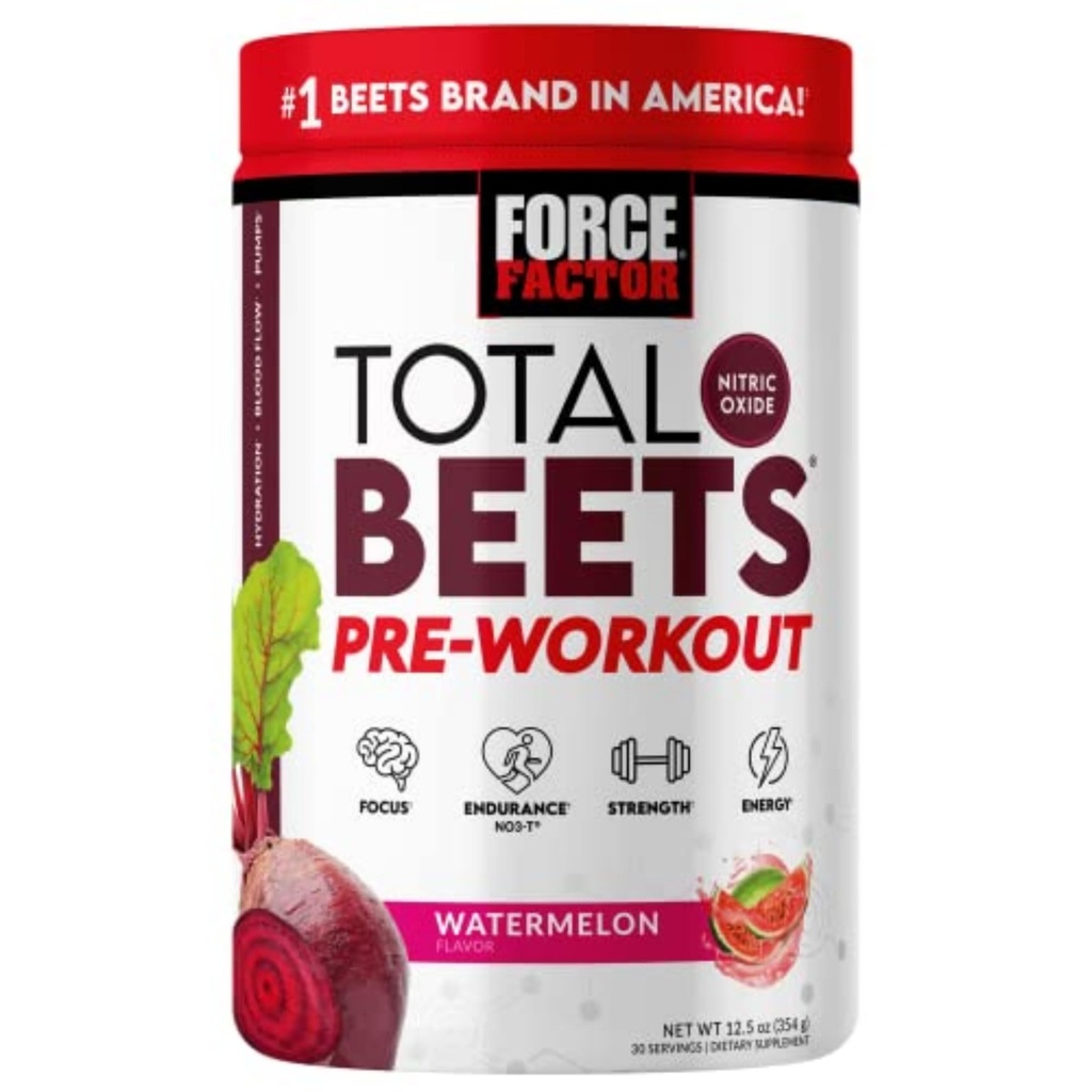 FORCE FACTOR Total Beets Pre-Workout Powder to Boost Energy & Endurance, Verhoog de sterkte, en verbeter de bloedstroom en pompen, Nitric Oxide Supplement met Beetwortelpoeder, Watermeloen, 30 porties