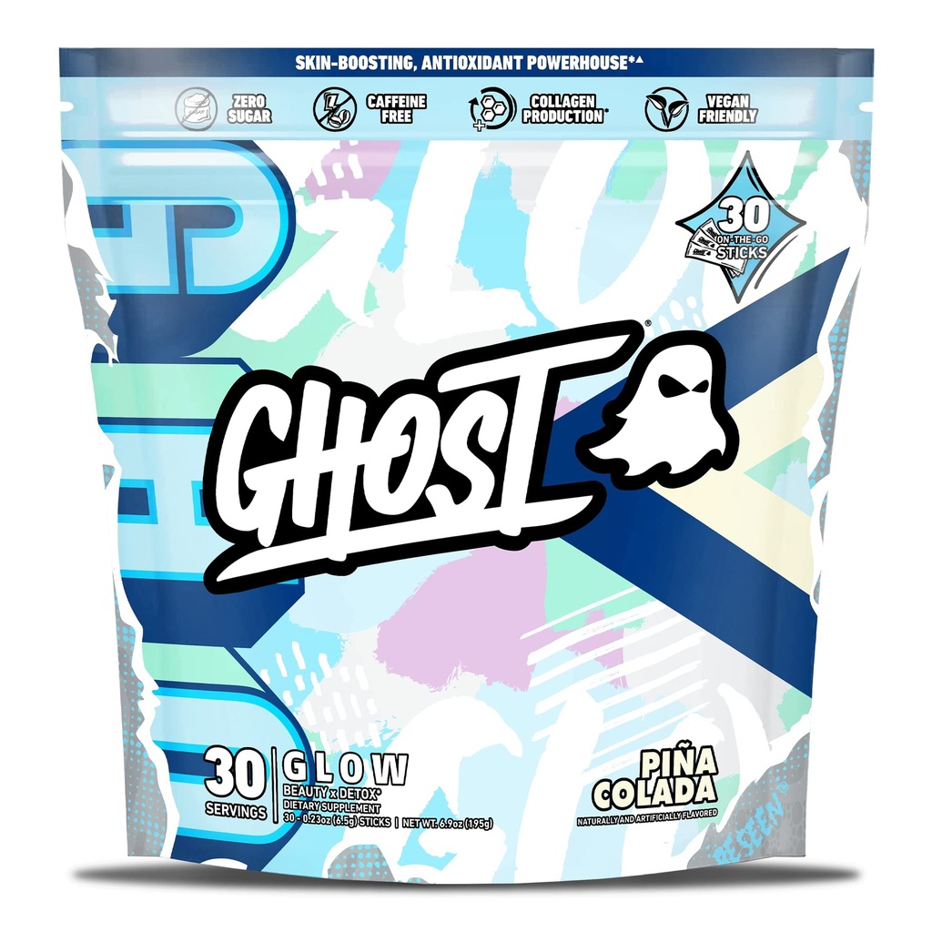 GHOST Glow Sticks: Supplément de beauté et de désintoxication - 30 packs de bâtons sur le pouce, Pina Colada - Acide hyaluronique, Biotine et L-Theanine pour le soutien de la peau – sans sucre, sans gluten