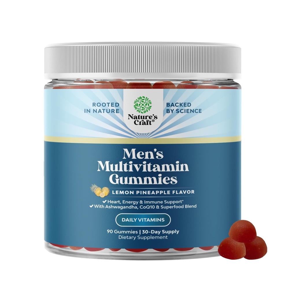 Natures Craft Gummies multivitamine hommes avec complexe super-alimentaire - Multivitamine quotidienne pour les hommes Gummies avec CoQ10 et Ashwagandha pour l'énergie et le soutien immunitaire - Gummy adultes minéraux essentiels