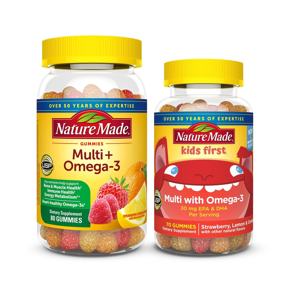 Nature faite adulte et enfants Multivitamin Gummies Combo Pack, Multis avec vitamine C, vitamine D3, vitamine B, zinc, oméga 3 huile de poisson et plus, deux bouteilles multivitamines pour la famille entière