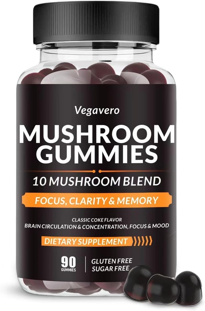 Vegavero Mushroom Gummies - 10x Paddestoel Blend - Paddestoel Complex - Paddenstoel Supplement (90 Kauwen) Klassieke Coke