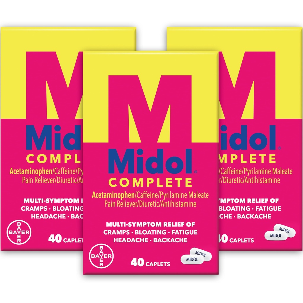 Midol Caplets complets de soulagement de la douleur menstruelle avec l'acétaminophène pour les crampes d'époque, et soulagement des symptômes menstruels - 40 Compte (paquet de 3) (paquet de mai Vary)