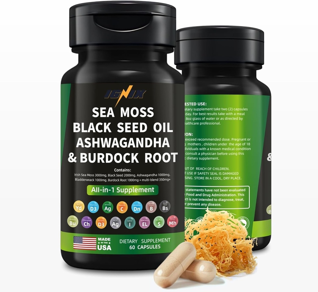 INNIX Dieetsupplement met Sea Moss, Black Seed Oil, Ashwagandha en Burdock Root-Irish Sea Moss 3000mg, Black Seed 2000mg, Ashwagandha 1000mg, Bladderwrack 1000mg, Burdock Root 1000mg.