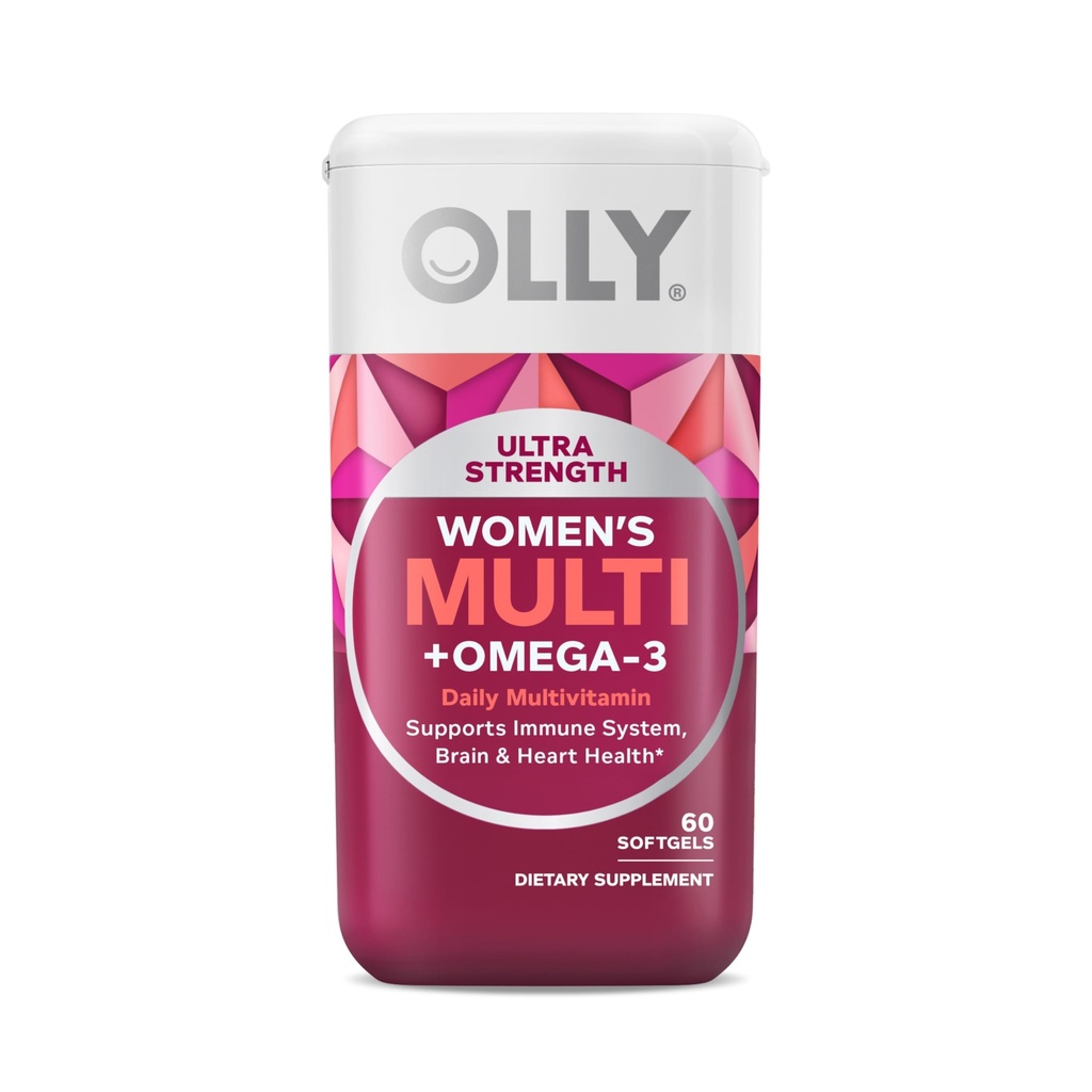 OLLY Ultra Strength Women's Multi Softgels, Overall Health and Immune Support, Omega-3s, Iron, Vitamins A, D, C, E, B12, Daily Multivitamin, 30 Day Supply - 60 Count