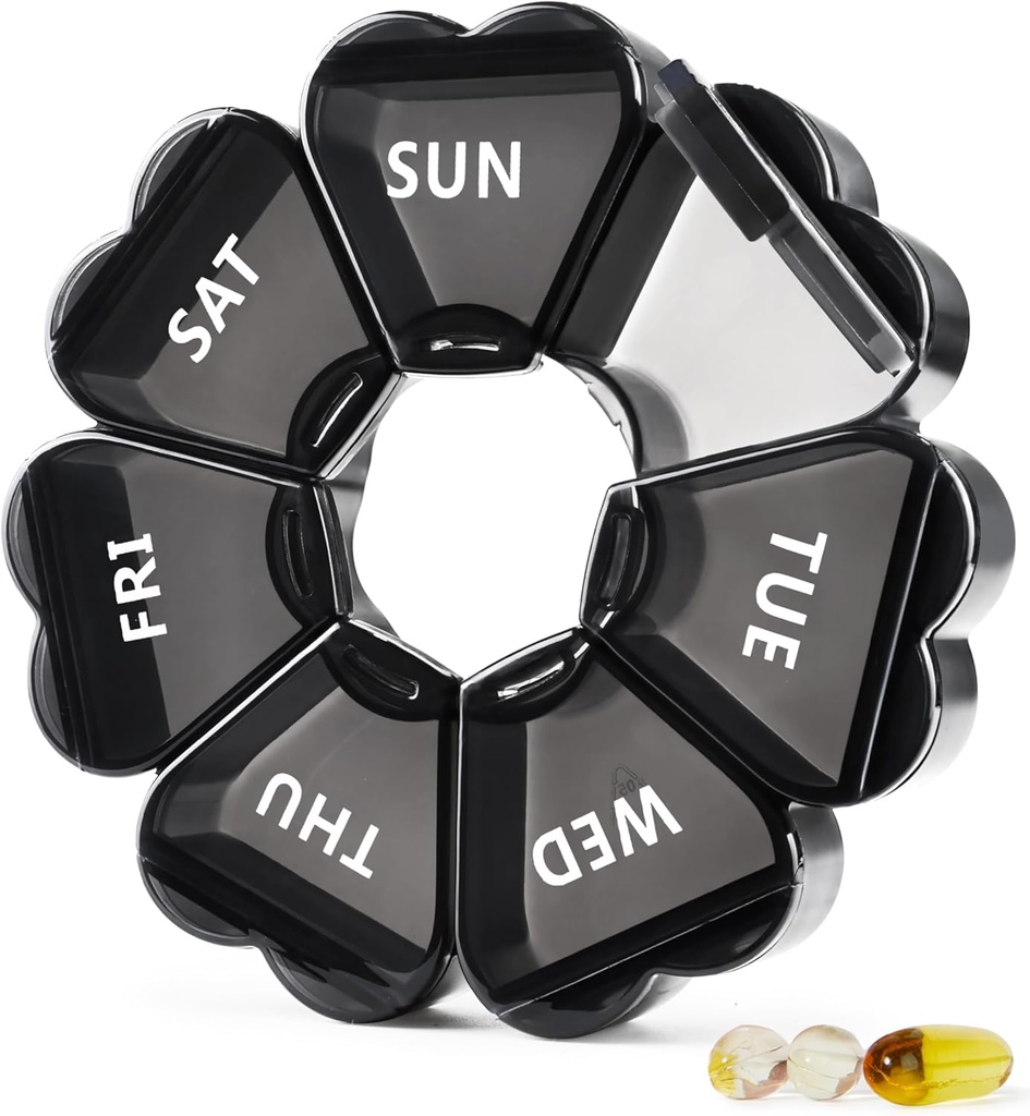 MOLN HYMY grote pil Organizer 7 Dag, Mooie Weekly Pill Box Case, Leuke Girly Medicine Dispenser Container voor Vitamine, Gummy, Medicatie, Supplement (zwart)