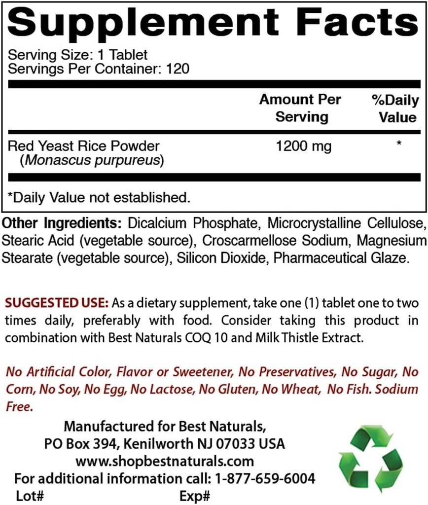 Best Naturals Red Gist Rice Cholesterol Support 1200 mg & COQ10 100 mg