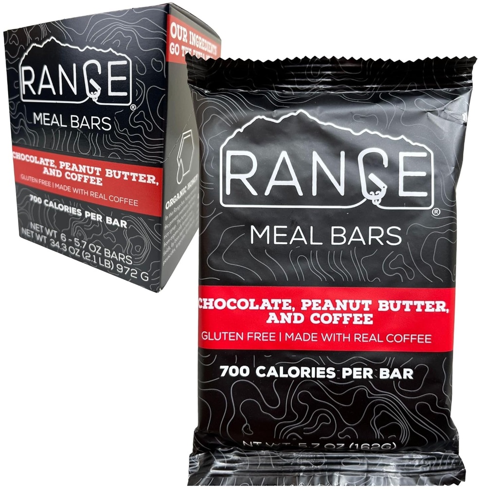 Range Meal Bar - Hoge Calorie Maaltijden Vervanging Bars - Glutenvrije Bars - Rugzak Maaltijden - 6 Pack (Chocolaat, Pindakaas en Koffie)