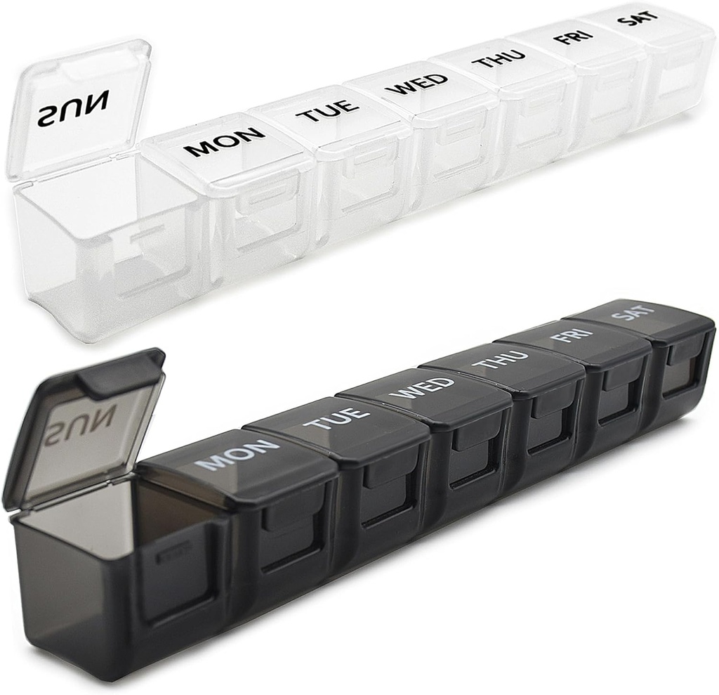 2 Pack Weekly Pill Organizer, Grote 7 dagen pil geval, Dagelijkse Vitamine Case Medicine Box, AM/PM Pill Containers voor Medicine Supplementen Visolie(White & Black)
