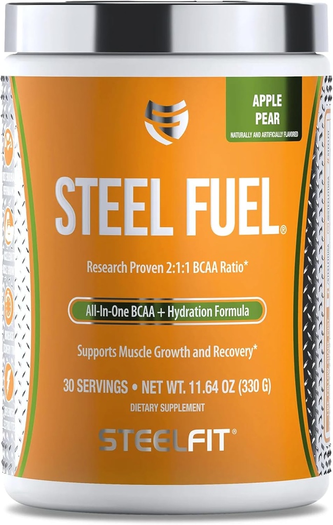 SteelFit Steel Fuel 5g BCAA's Aminozuren Poeder voor intra-workout om spiergroei en verbeterde duurzaamheid te versnellen - 30 porties in Apple Pear - BCAA-supplementen poeder voor elektrolyten en herstel