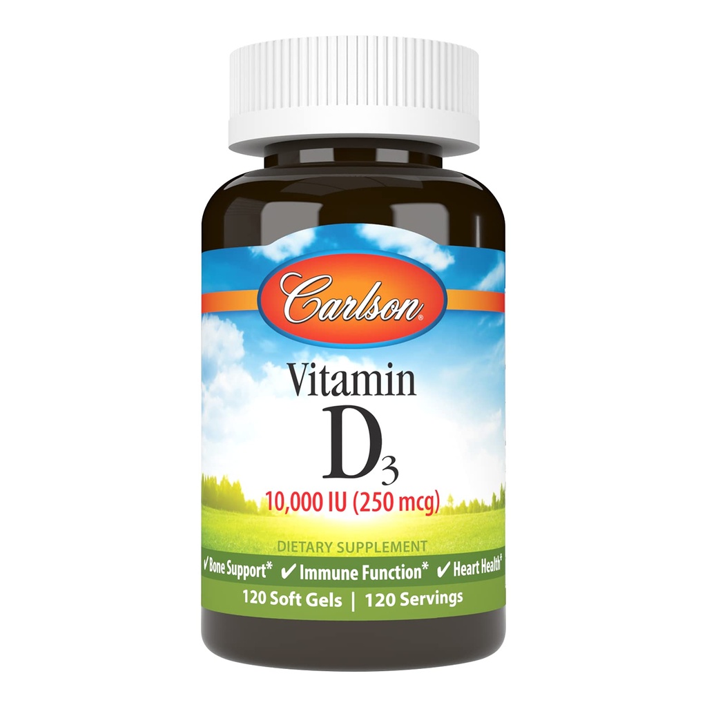 Carlson - Vitamine D3, 10000 UI (250 mcg), Suppléments Vitamine D, Soutien osseux et immunitaire, Softgels Vitamine D3, Santé cardiaque, Capsules de vitamine D sans gluten, 120 Softgels