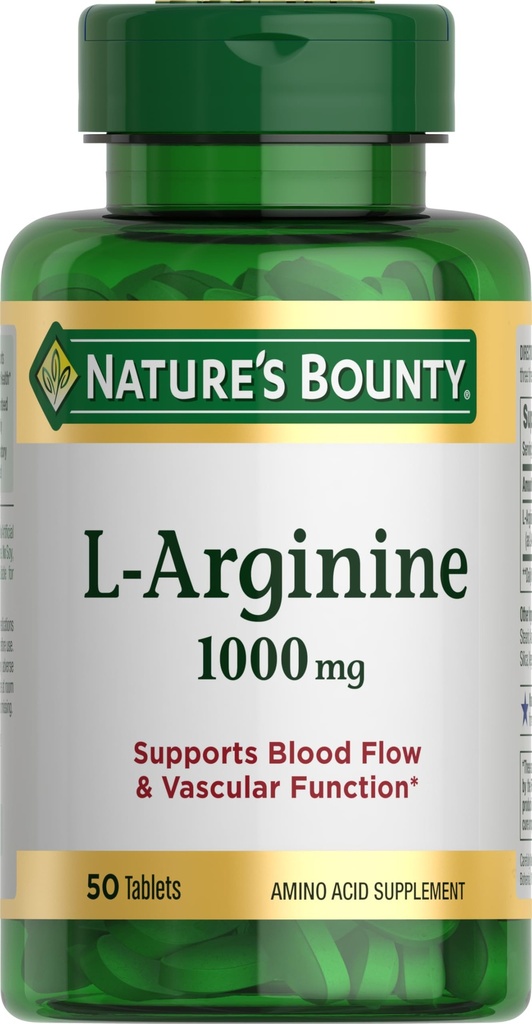 Natures Bounty L-Arginine 1000mg pour soutenir le flux sanguin et la fonction vasculaire – Non-OGM, sans gluten, 50 comprimés