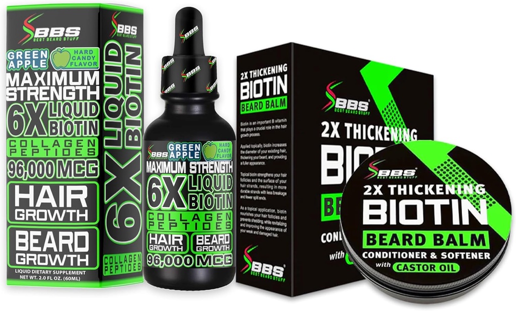 Baardgroei Kit w/ 2X Verdikking Biotine Baard Balsem & snor Wax + 6X Liquid Biotin met Collageen Peptiden voor Gezichtsgroei - Geformuleerd in Amerika
