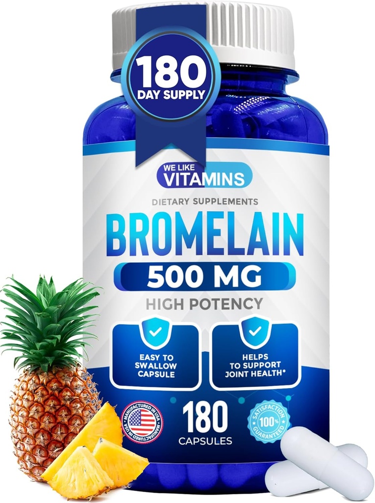 We Like Vitamins Bromelain 500mg Capsules - 1200 GDU/Serven - Bromelain Supplement from Ananas Extract - Proteolytische enzymen voor spijsvertering, Absorptie, gewrichtspijn, spierpijn - 180 capsules