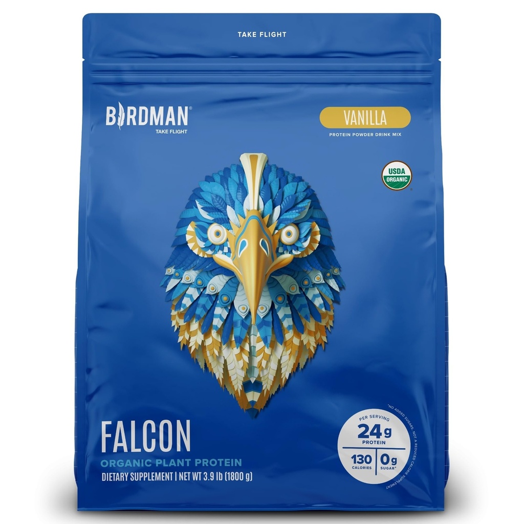 BIRDMAN Falcon Vegan Protein Powder Organic, Stevia & Sugar Free, Plant Based Protein, Low Carb, Dairy Free, Keto, Non Whey Protein, Probiotic, Pea Protein | Vanilla Flavor - 60 Servings - 3.9 lb