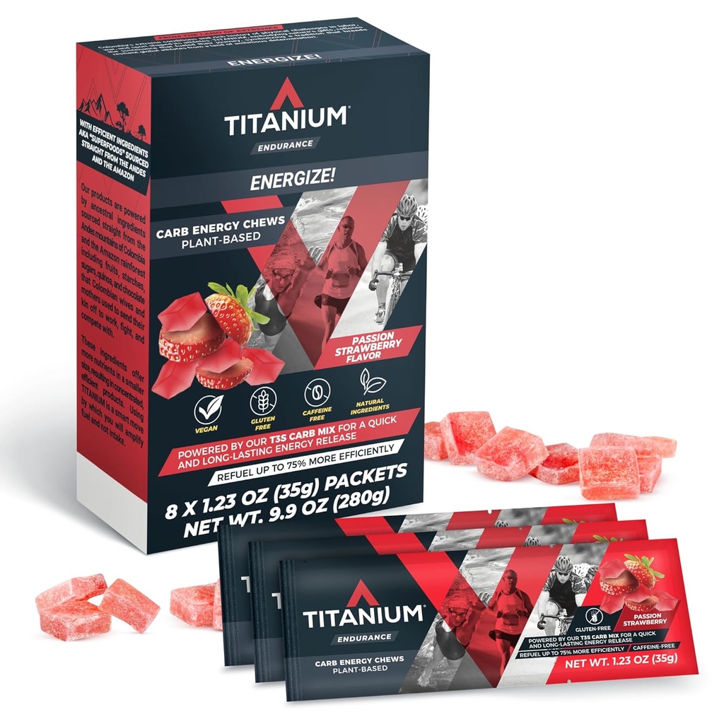 TITANIUM Energie Kauwen voor hardlopen, fietsen - Plant-based Natural Endurance Energy Gummies to Re Fuel - Energy Supplements - Preworkout Snack Bloks - Sneller dan Energy Gels - Geen cafeïne - 8 Tel.