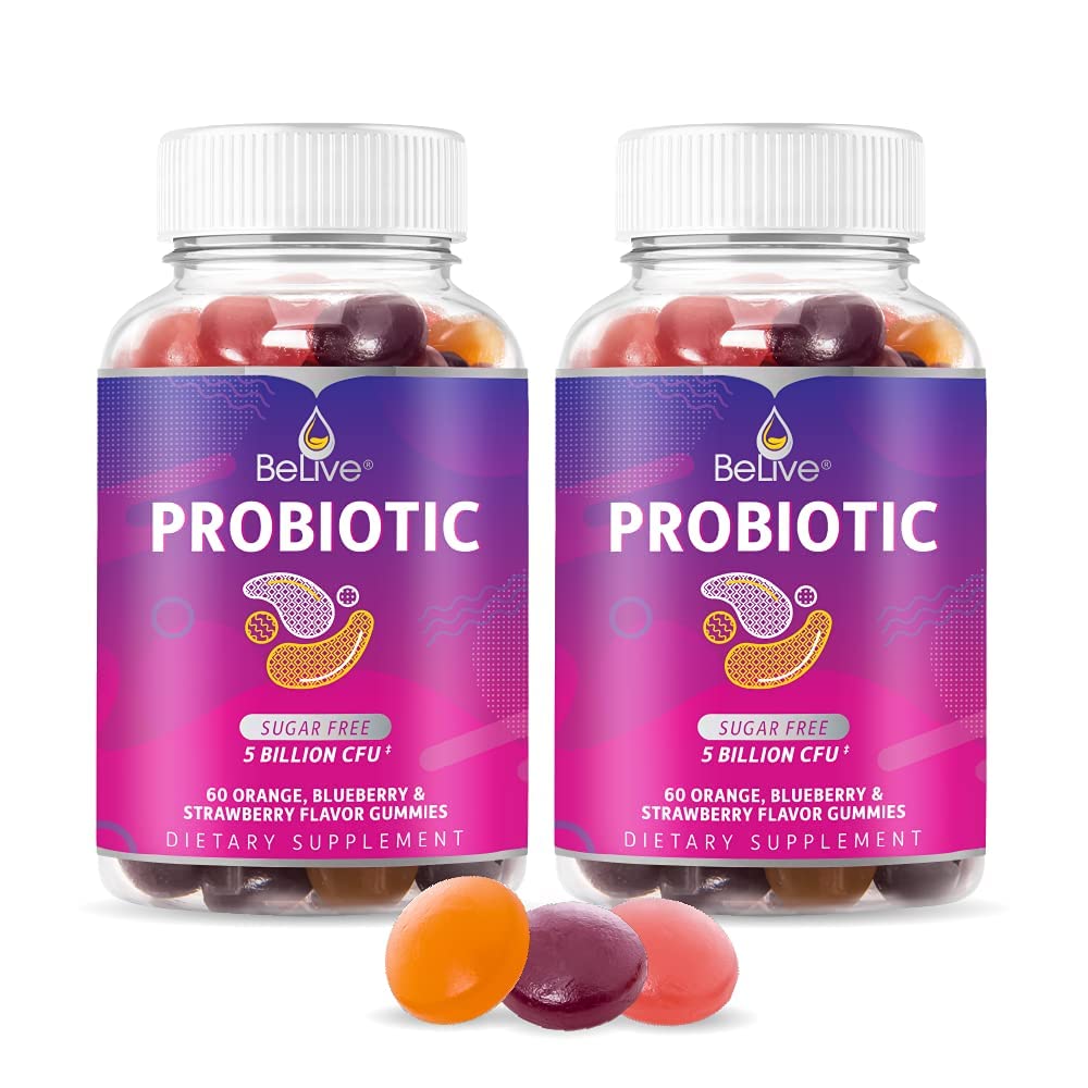 Gommies probiotiques BeLive - Probiotiques avec 5 milliards d'UCF pour la santé digestive, hommes, femmes et enfants suppléments probiotiques pour le soutien immunitaire, sans sucre et végétalien – Blueberry, fraise et orange