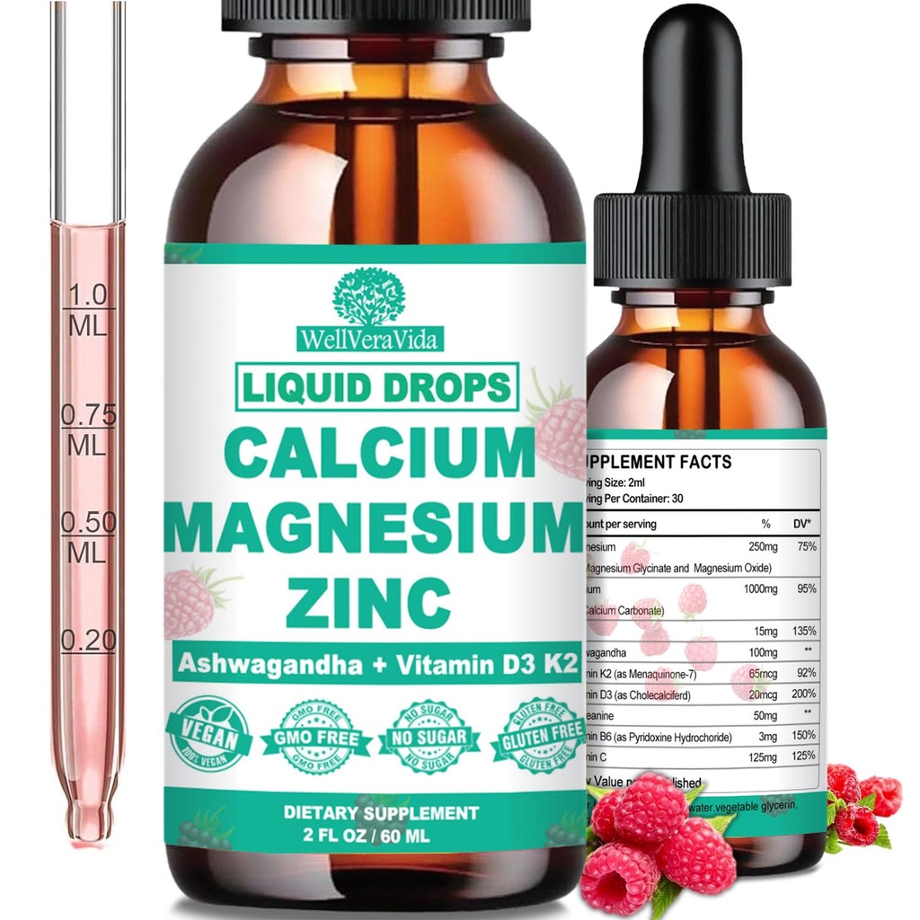 Calcium Magnésium Zinc D3 avec Magnésium Calme Glycinate Plus Ashwagandha, L-Theanine, Calcium liquide avec Vitamine D3 et supplément de magnésium pour Immune, Os, Muscle, Mood & Sleep Support