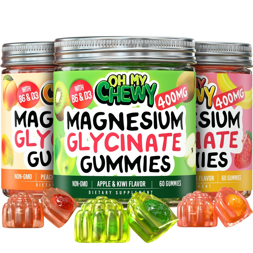 Paquet de variétés Magnésium Gummies – 3 bouteilles (60 chacune) – Banane aux fraises, Kiwi aux pommes et mangue aux pêches