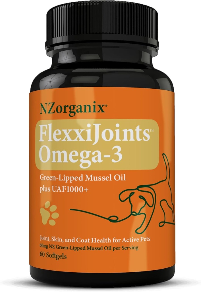 FlexxiJoints Omega-3 Hip and Joint Supplement • Green-Lipped Mussel Omega-3 Oil for Dogs • 100% Nieuw-Zeeland Green-Lipped Mussels (60 Softgels)