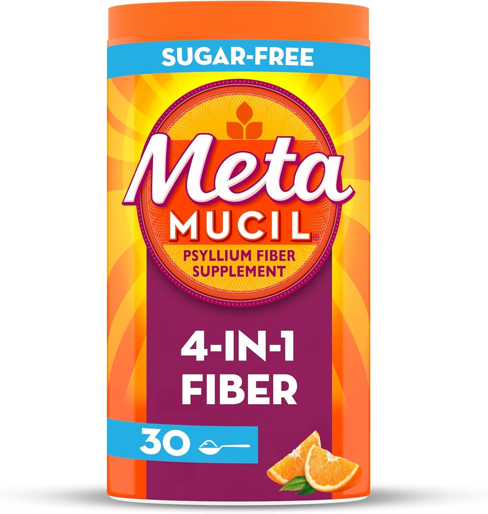 Metamucil 4 in 1 Daily Fiber Supplement Powder, Fiber Powder for Digestive Health and Regularity*, Sugar-Free, Oranje, Natuurlijk Sourced Psyllium Fiber, 30 theelepels