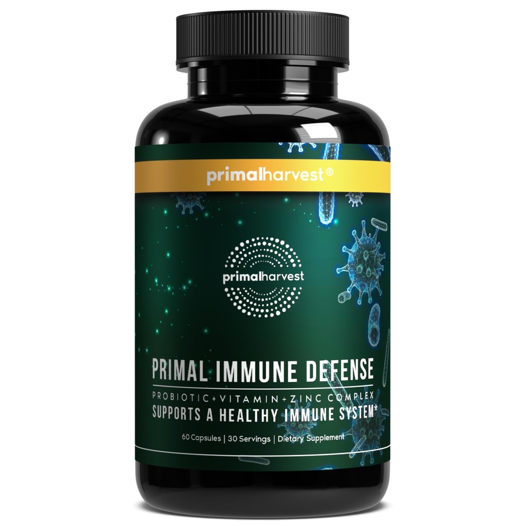 Primal Oogst Primal Immune Defense 10-in-1 Immune Defense Supplement: met 7 miljard CFU Probiotica, Zink, Vitaminen C, B6, D3, K2 - Immune Boosters voor Volwassenen 60 Capsules (1 Pack)