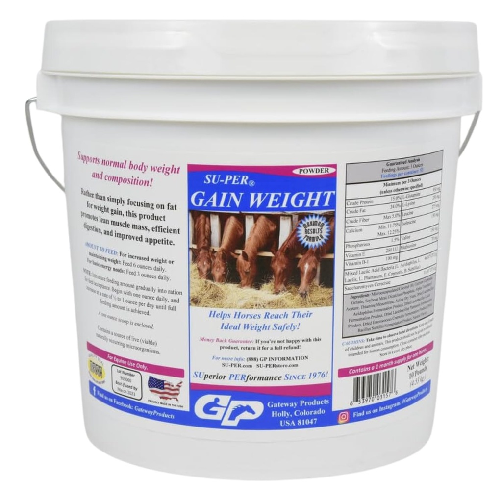 SU-PER Gain Gewicht voor paarden - Equine supplement gewicht Gainer voor paarden - bevordert spiermassa, spijsvertering en eetlust - 10 pond, 1 maand levering