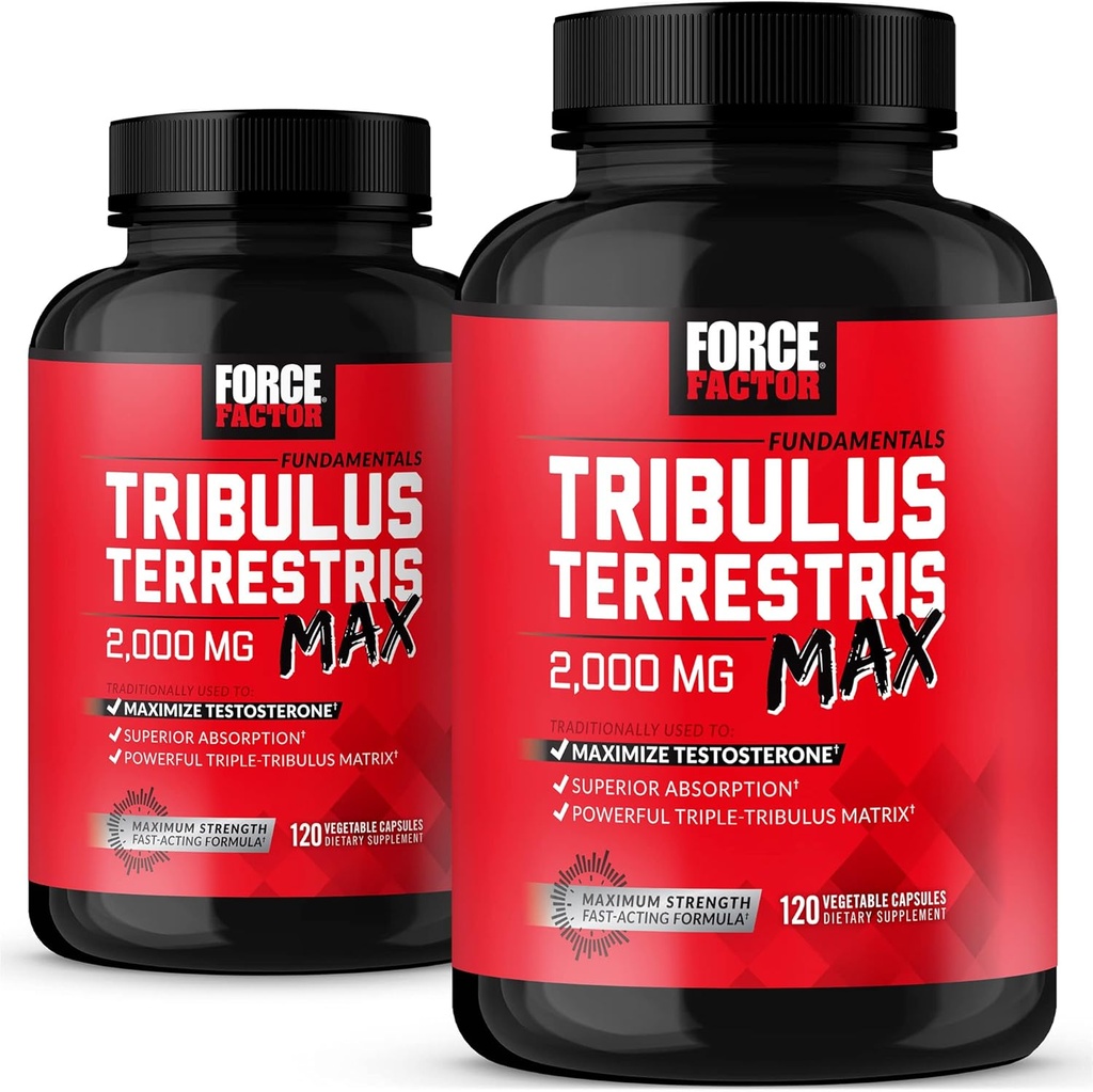 FORCE FACTOR Tribulus Terrestris Max voor mannen 2-pack, Testosteron Booster, mannelijke vitaliteit Supplement, Gemaakt met belangrijke natuurlijke ingrediënten Superieure Absorptie, 2000mg, 240 Capsules, Rood