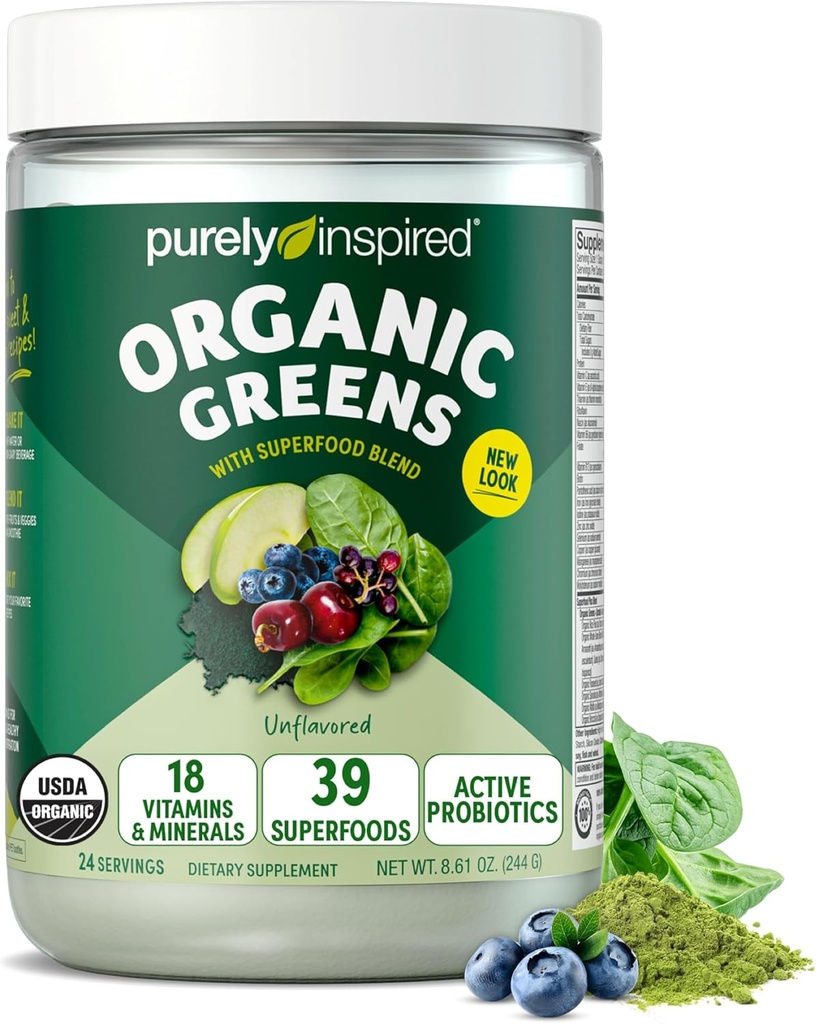 Mélange de smoothie en poudre verte purement inspiré, non aromatisé (24 portions) - Probiotiques pour la santé digestive avec Spiruline et Chlorella pour la santé des Gut - Vegan & sans gluten